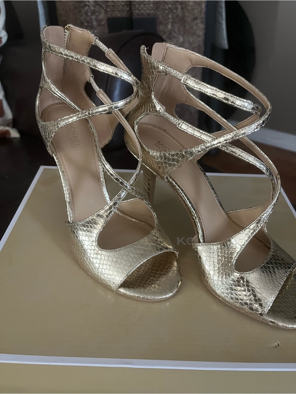 Michael Kors Metallic Gold Strappy Snake-Embossed Heels